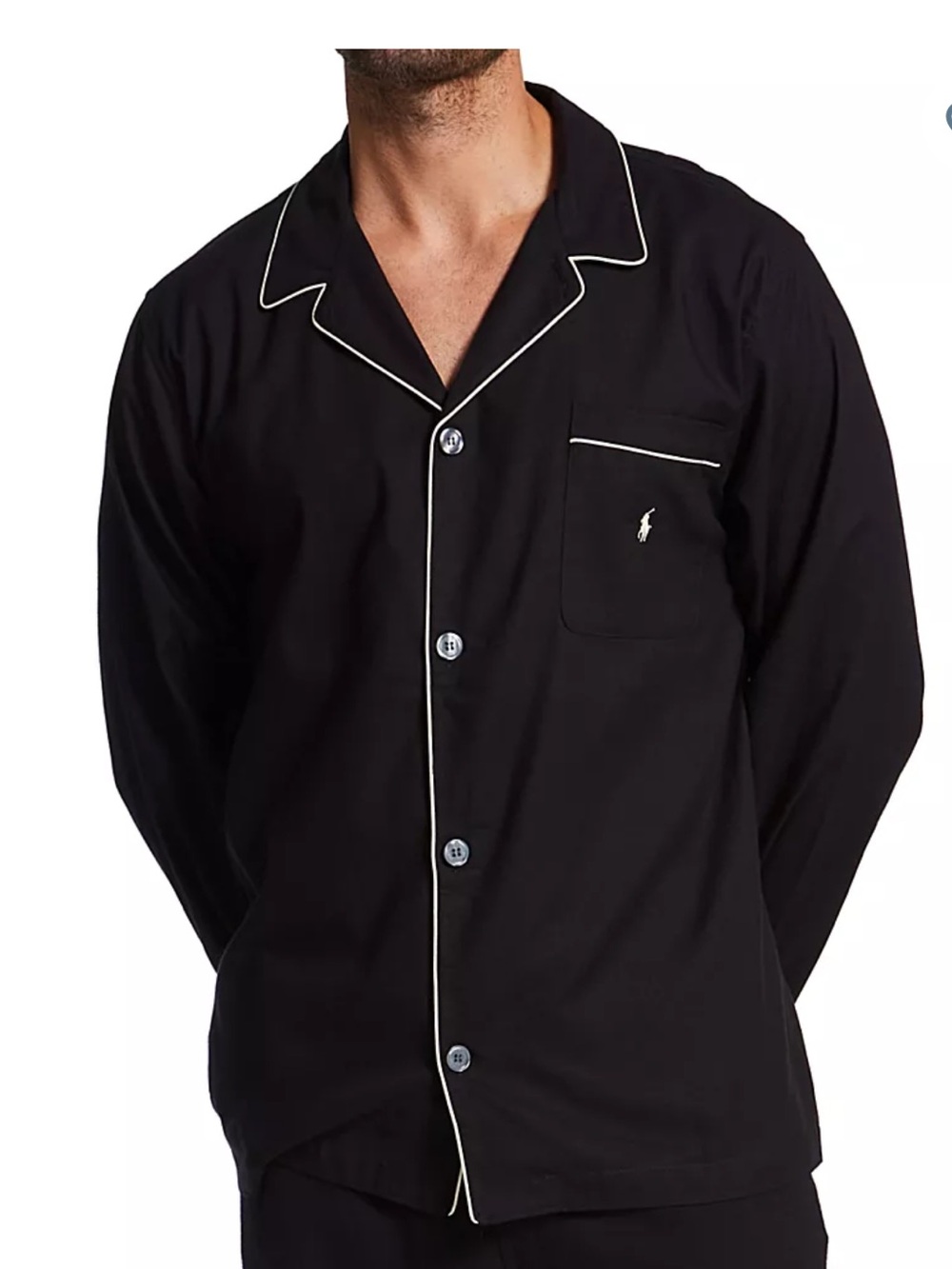 Polo by Ralph Lauren Black Pajama-Style Shirt Jacket with White Piping